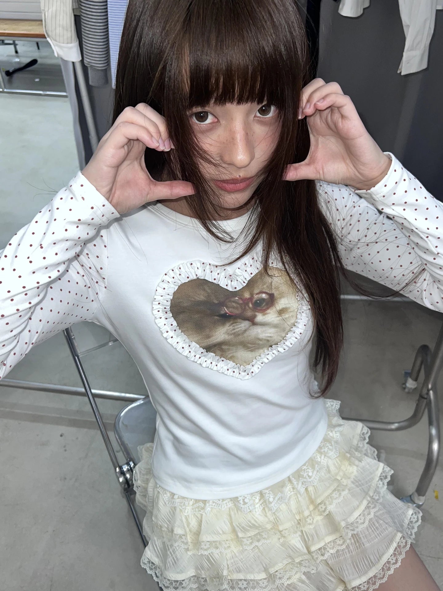 Cathy Dollette Hotsweet Patchwork Dot 's  Long Sleeve Print Cat Graphic Tee Female Clothing Slim 2000s Clothes  Autumn