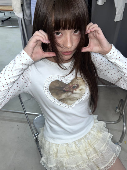Cathy Dollette Hotsweet Patchwork Dot 's  Long Sleeve Print Cat Graphic Tee Female Clothing Slim 2000s Clothes  Autumn