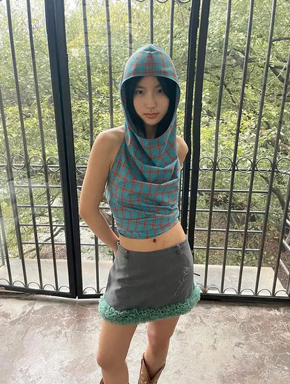 Cathy Dollette Vintage Tank Top Plaid Sleeveless Hollow Out Lace Up Crop Top Retro Tanks Backless Summer Tee Top2000s