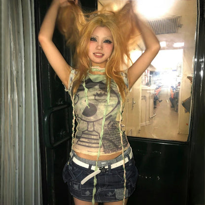 Cathy Dollette Japanese  Anime Print  Vintage Harajuku Short Sleeve Mesh TopTrashy 2000s Style Crop TopAmerican Retro 90s