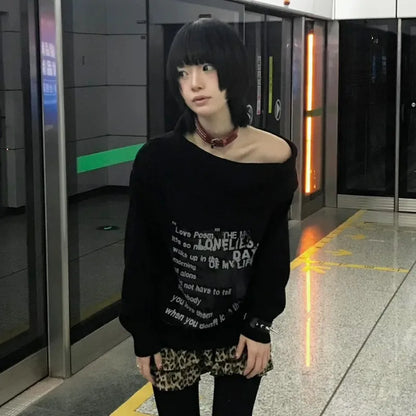 Cathy Dollette Japanese  Off Shoulder Sweater Grunge s Slash Neck Knitted Pullovers 2000s Vintage Korean Black Knitwear