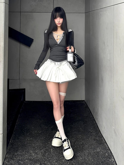 Cathy Dollette Hotsweet Turn-down Collar Fake Two Piece s  Clothing Patchwork Lace Autumn TopKorean 2000s Clothes
