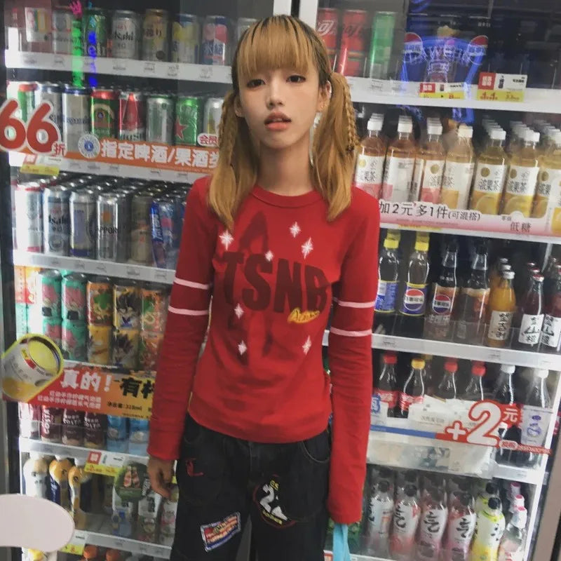 Cathy Dollette Japanese  Letter Print  Trashy 2000s Style Flare Sleeve TopVintage Harajuku Red Tee Shirt American Retro 90s