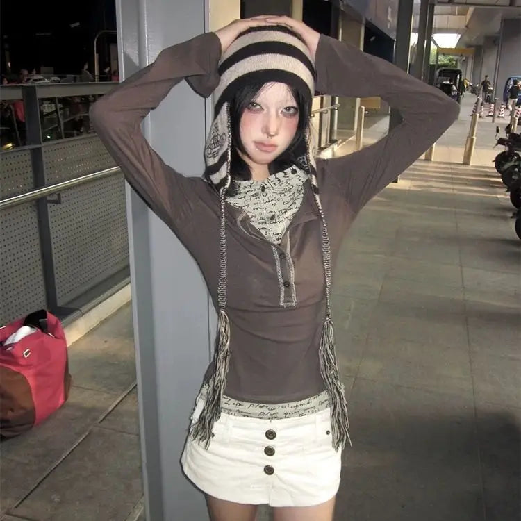 Cathy Dollette  Japanese T Shirt  Hooded Fake Two Pieces Top E-girls Tshirts Korean Style Grunge TopFairycore