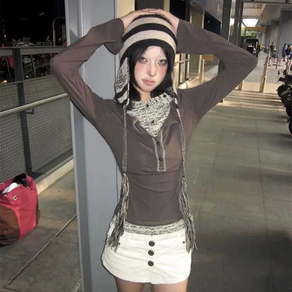 Cathy Dollette  Japanese T Shirt  Hooded Fake Two Pieces Top E-girls Tshirts Korean Style Grunge TopFairycore