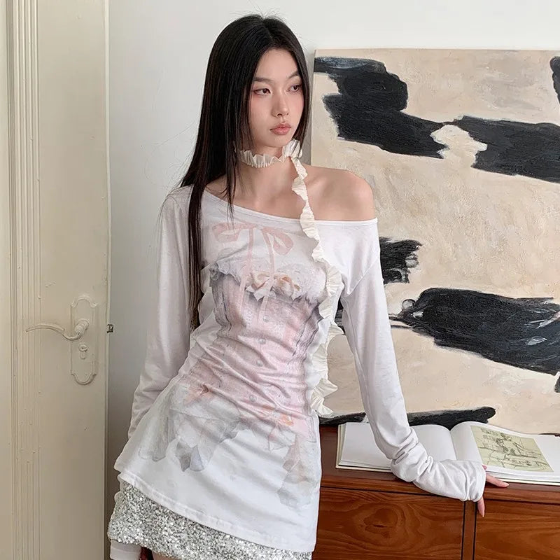 Cathy Dollette Harajuku Print Graphic Top Off Shoulder  Vintage T Shirt Streetwear Korean Style Casual Loose Tee Top2000s