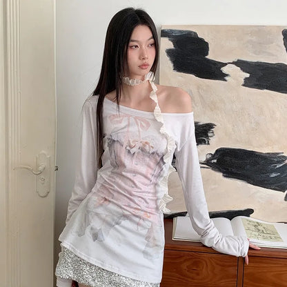Cathy Dollette Harajuku Print Graphic Top Off Shoulder  Vintage T Shirt Streetwear Korean Style Casual Loose Tee Top2000s