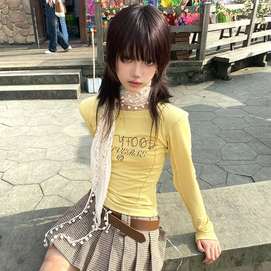 Cathy Dollette Japanese  Letter Print  Vintage Harajuku Yellow Crop Top 2000s Style s Long Sleeve T Shirt Fairycore