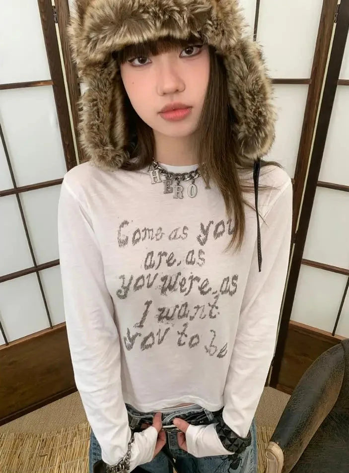 Cathy Dollette Vintage Print Letter T Shirt  See Through White Graphic Top  Grunge Top American Retro