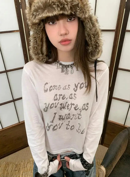 Cathy Dollette Vintage Print Letter T Shirt  See Through White Graphic Top  Grunge Top American Retro