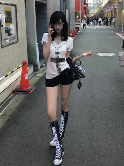 Cathy Dollette Patchwork V Neck Gothic Cross Graphic T Shirts Woman Clothes 2000s  Summer TopTees Female Clothing Japan Style Goth