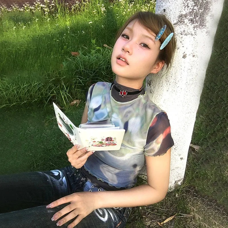 Cathy Dollette Trashy  Crop Top Japanese 2000s Style Mesh TopGrunge s Short Sleeve  Tie-dye Vintage Harajuku Tee